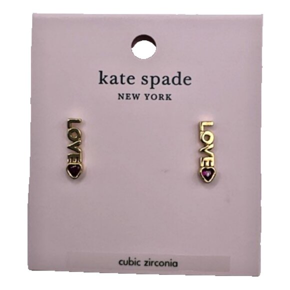 Kate Spade Love & Heart Stud Earrings Ruby Red Gold Tone Mini Studs Jewelry Gift - Picture 2 of 5